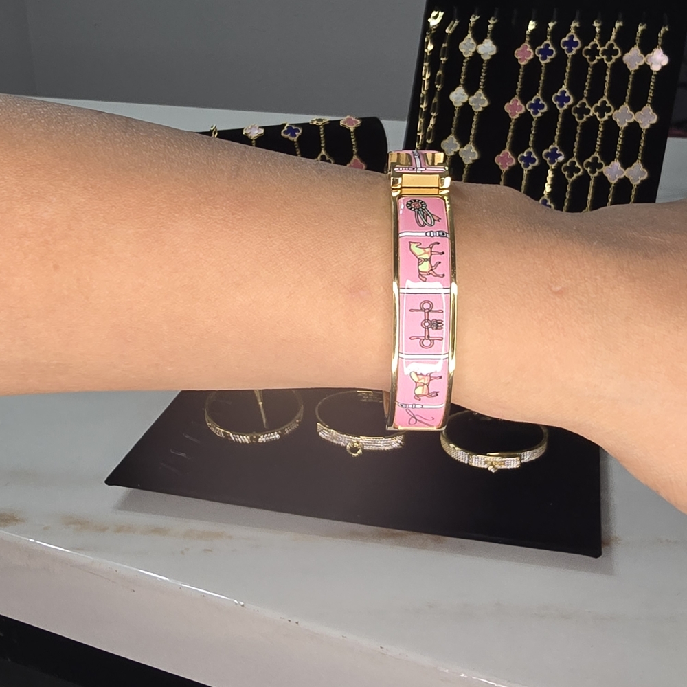 Pink Enamel Bracelet with Gold Accents
